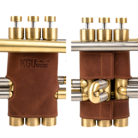 Premium trumpet valve guards made from Light Brown genuine leather, KGUmusic brand, white background.
