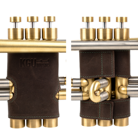 Brown Trumpet leather valve protectors by KGUmusic, durable handcrafted design, white background.