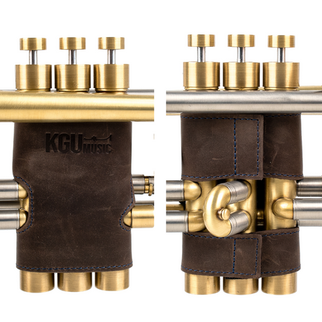 Brown Leather valve protectors for trumpet, KGUmusic accessories, shown on white background.