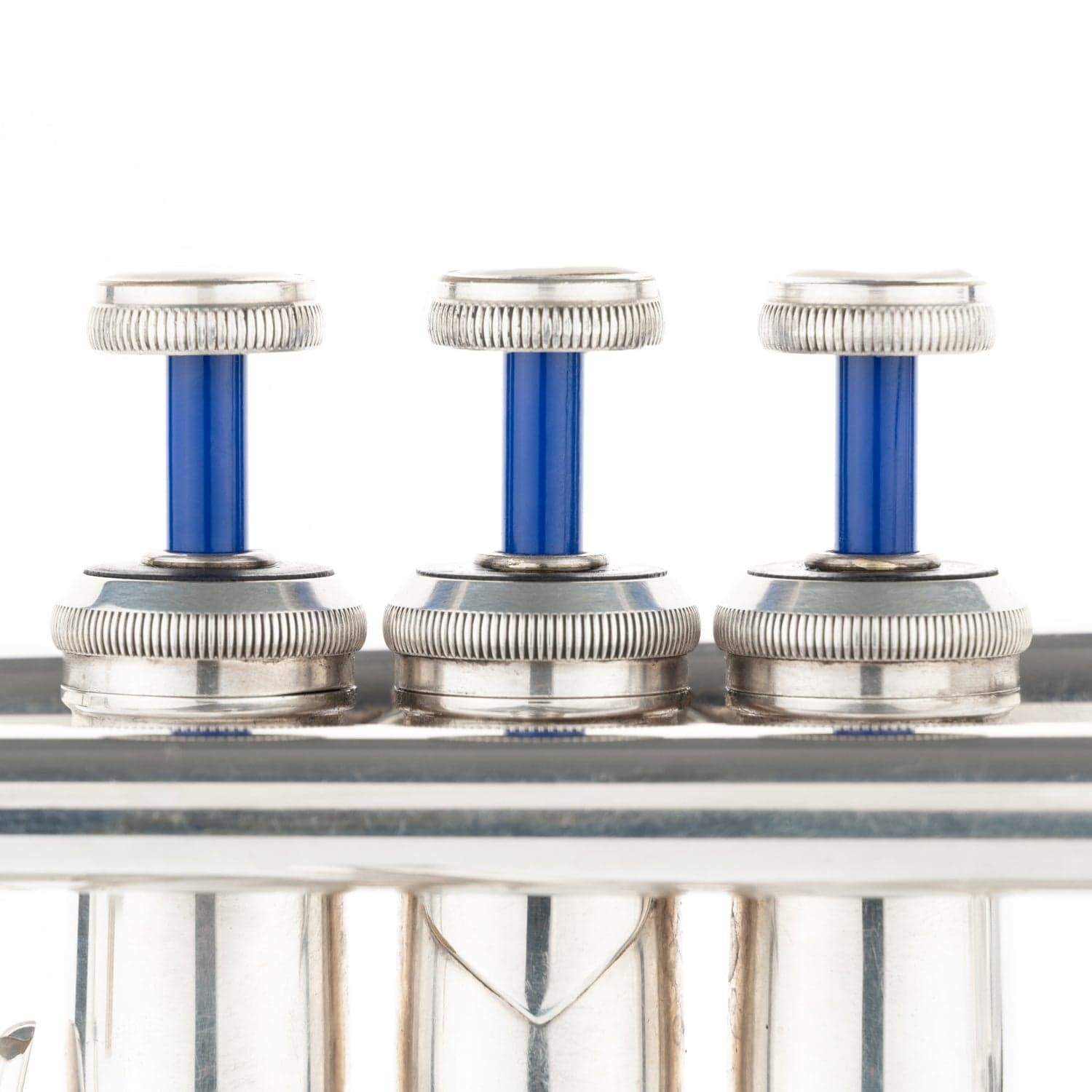 Front view of Blue Lacquer KGUmusic solid brass valve stems set of 3 on a trumpet.