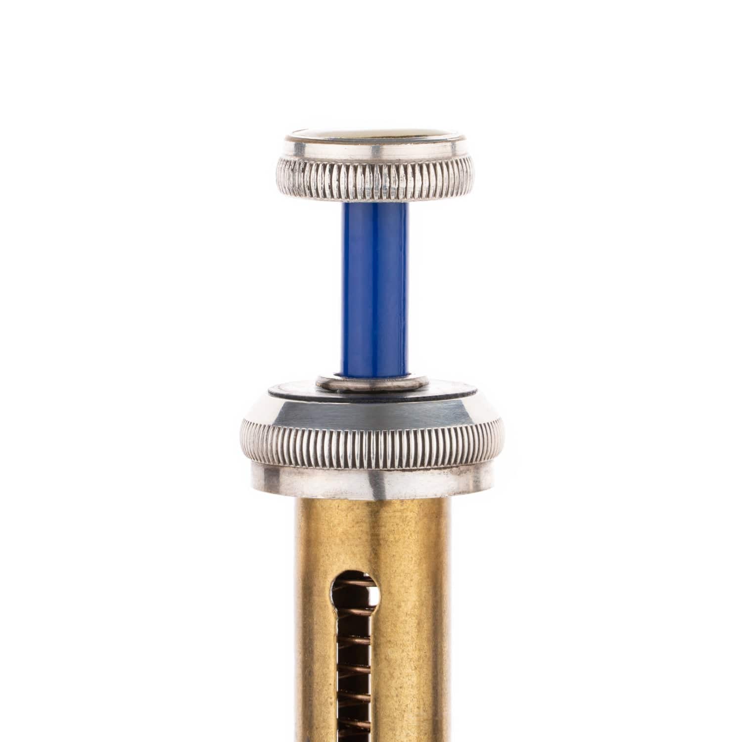 KGUmusic solid brass blue Lacquer trumpet valve stem installed on the trumpet.