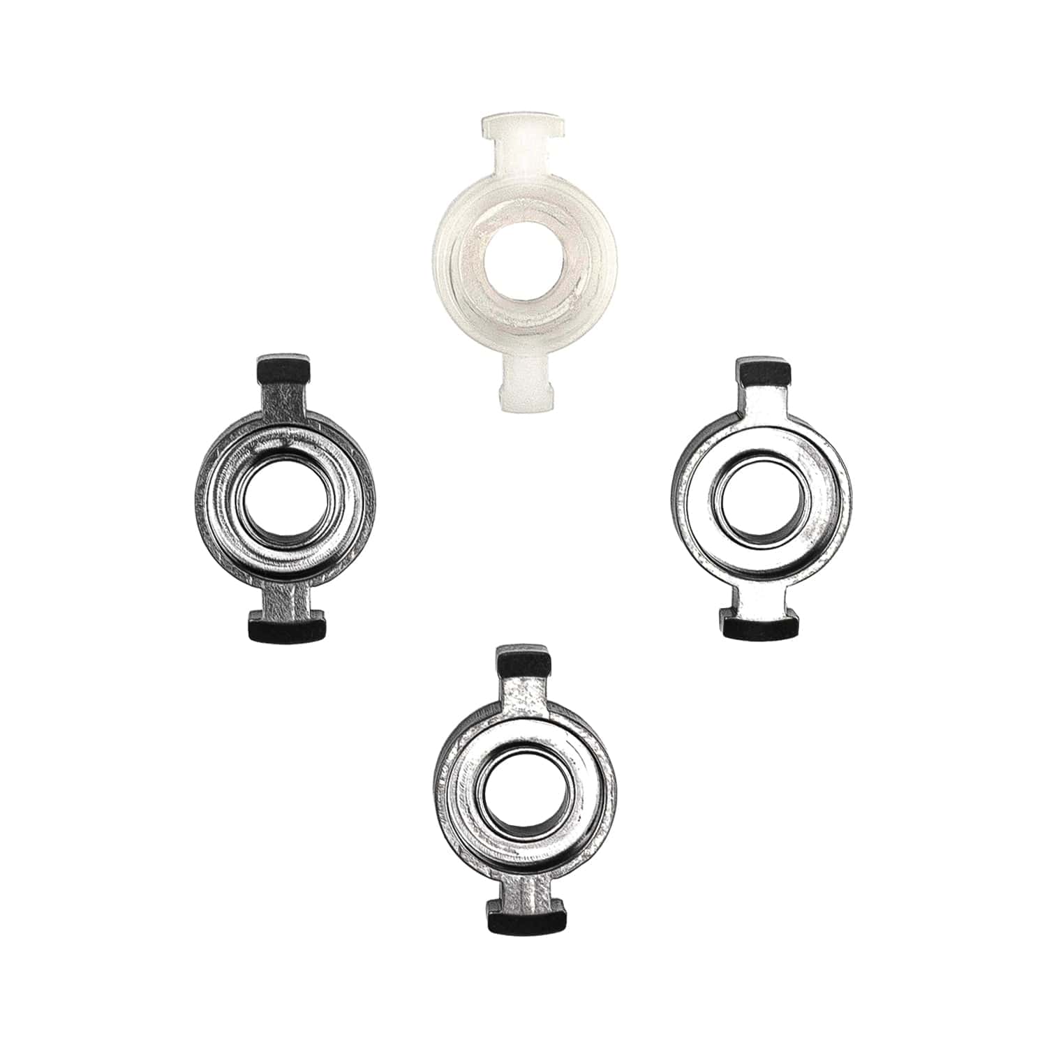 Triple pack of KGUmusic trumpet titanium valve guides in comparison with plastic one.