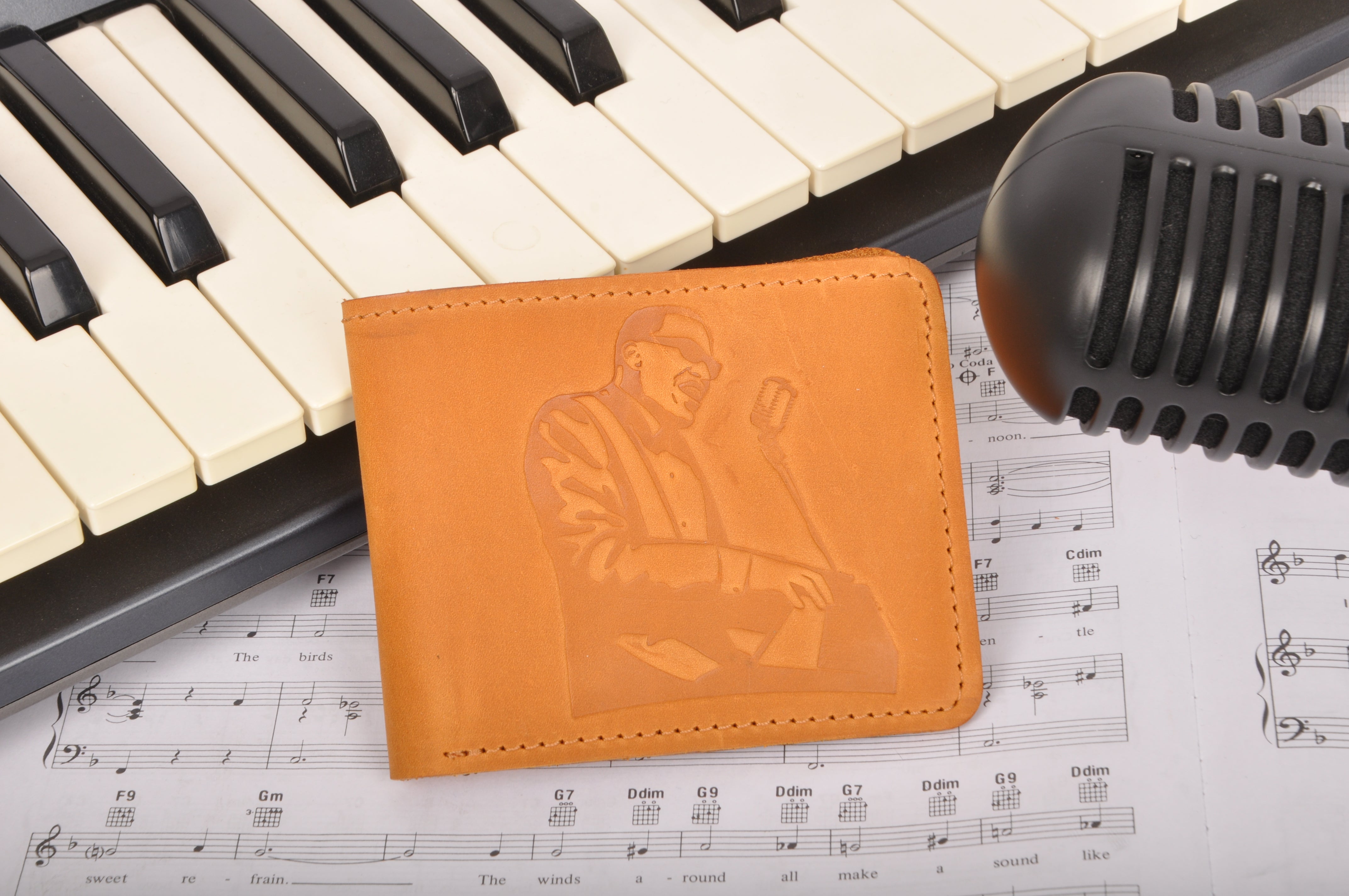 Leather Wallet with jazz singer Ray prints | Gift for Musicians