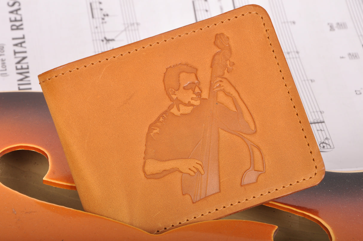 Leather Wallet with a print of a double bass jazz player | Gift for Musicians