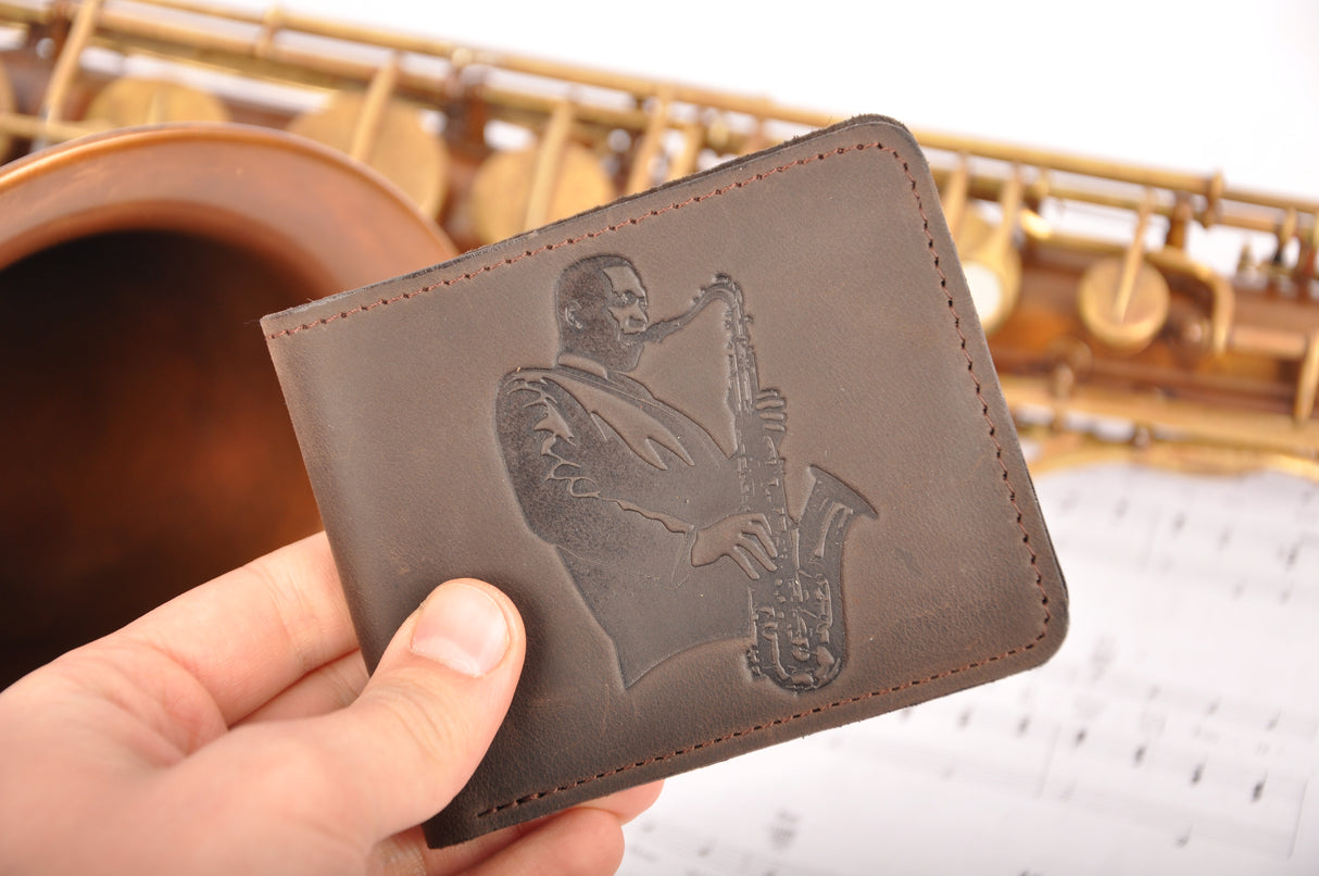 Leather Wallet with tenor saxophone player print | Gift for Musicians
