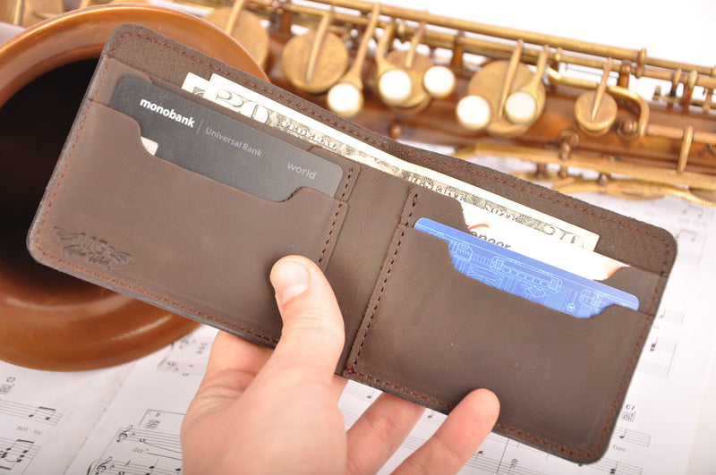 Leather Wallet with a print of a jazz player on a double bass