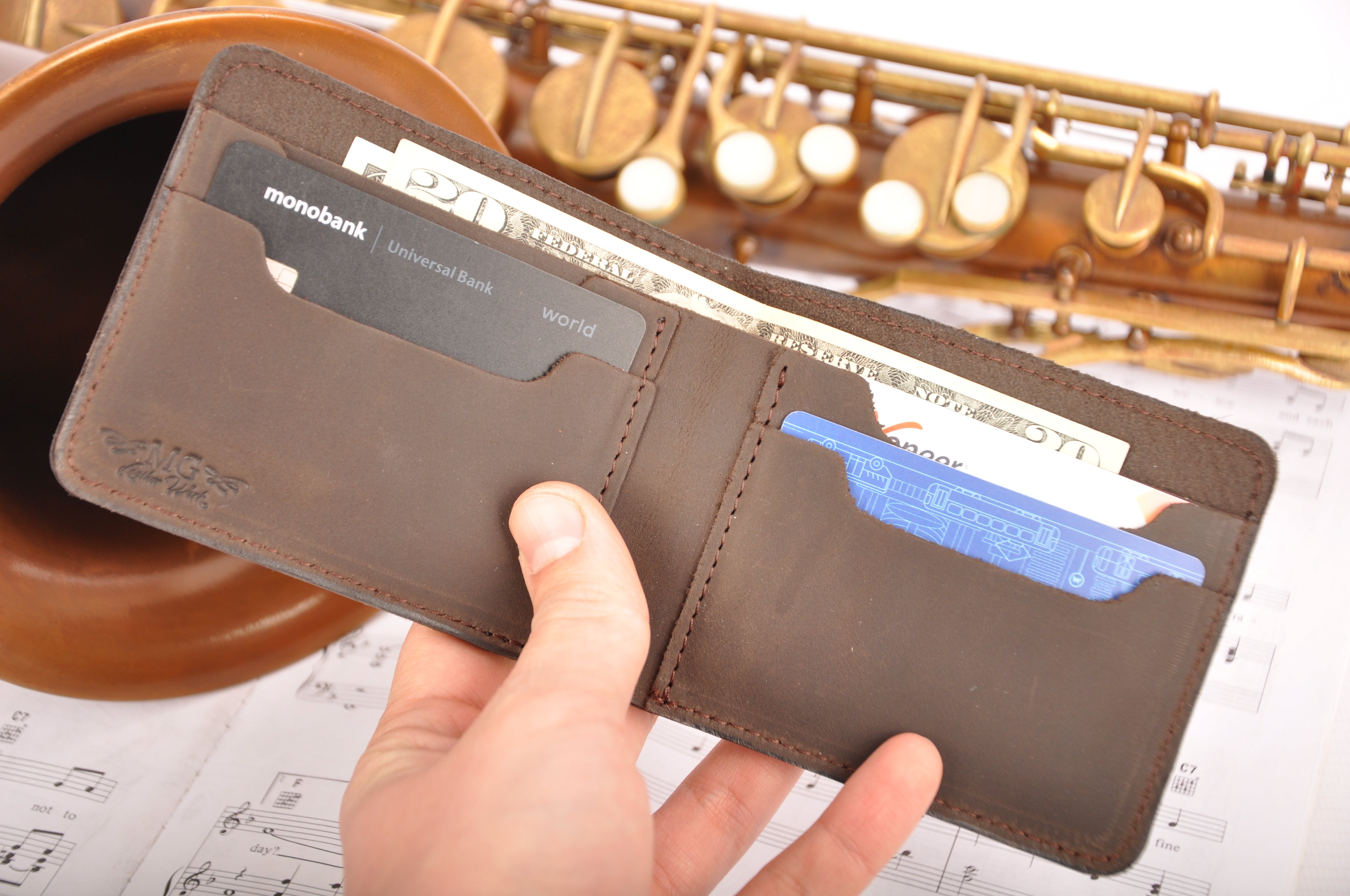 Leather Wallet with a print of a trombone player | Gift for Musicians