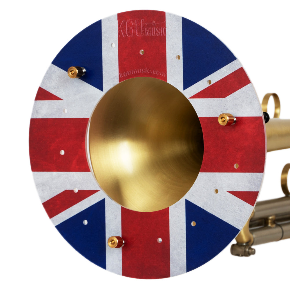 Front view of KGUmusic deflector with British flag design, mounted on trumpet.