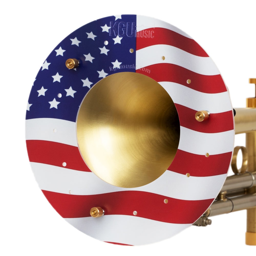 Close-up of American flag deflector from KGUmusic on trumpet bell.