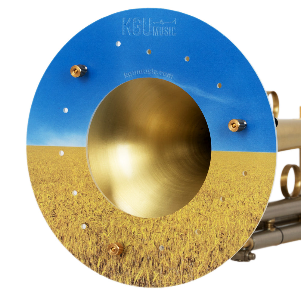 Close-up of Ukrainian flag deflector from KGUmusic on trumpet bell.