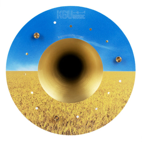 Front view of KGUmusic trumpet sound deflector with Ukrainian flag design.