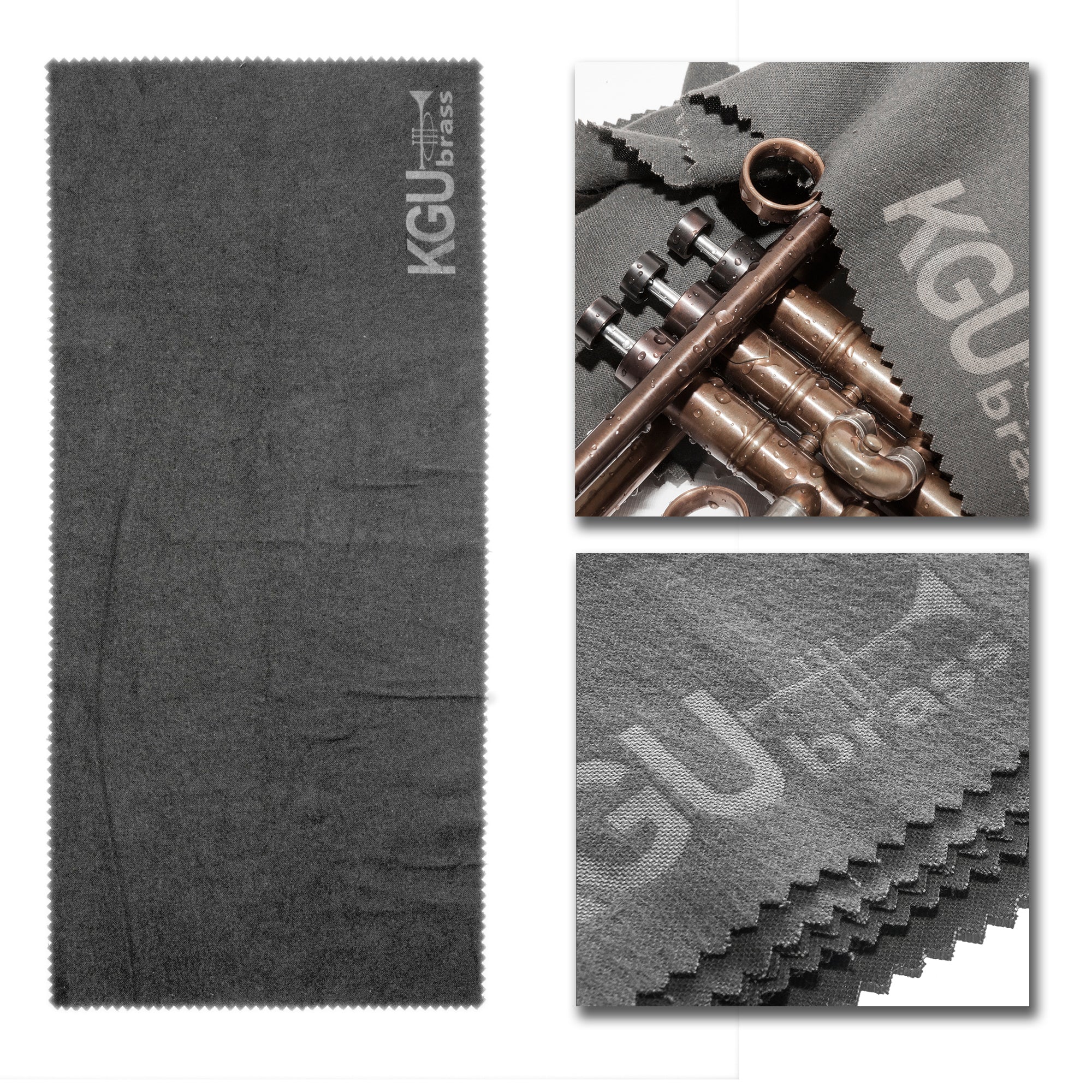 Black care towel by KGUmusic for cleaning brass and woodwind instruments.