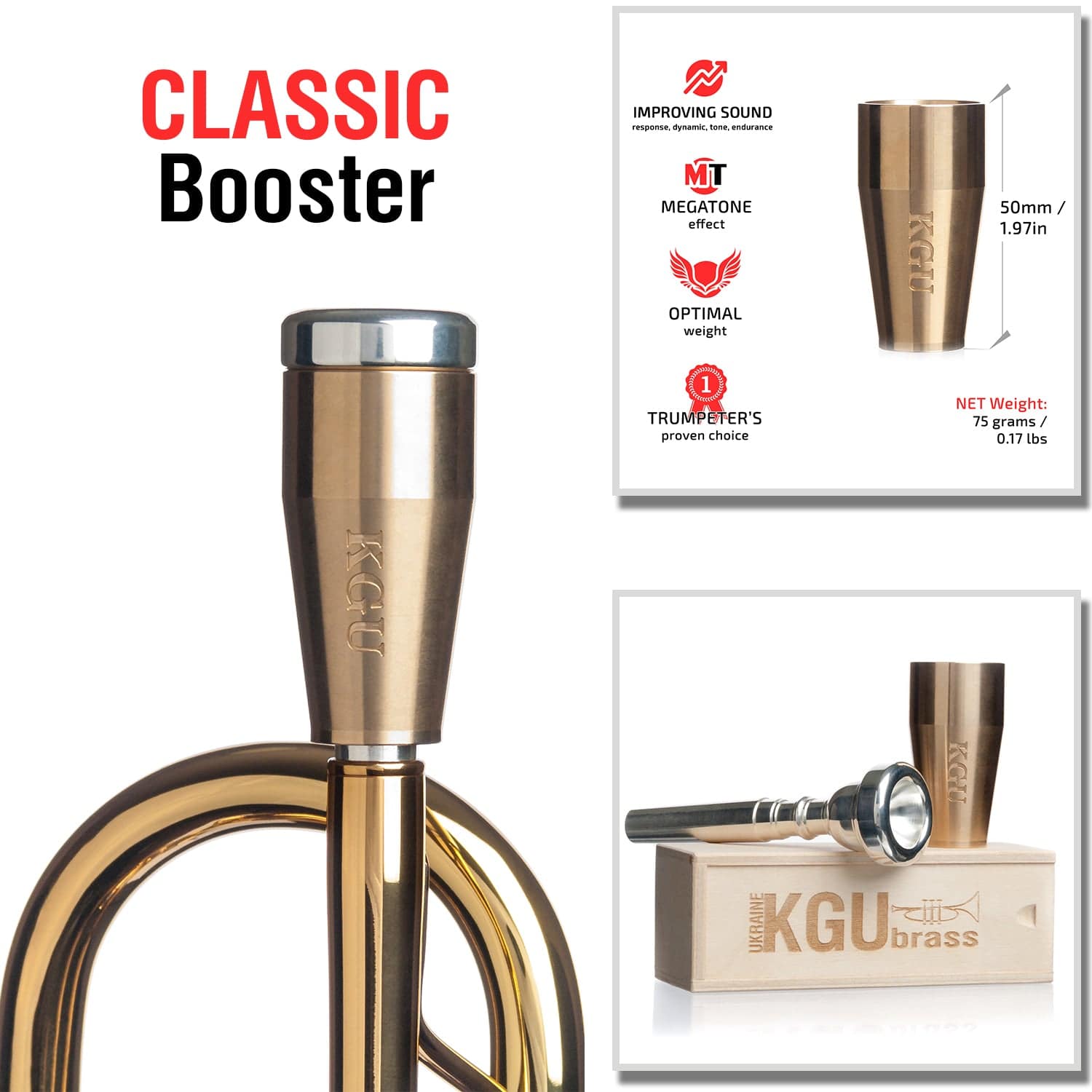 CLASSIC trumpet mouthpiece booster in raw brass finish, front view.