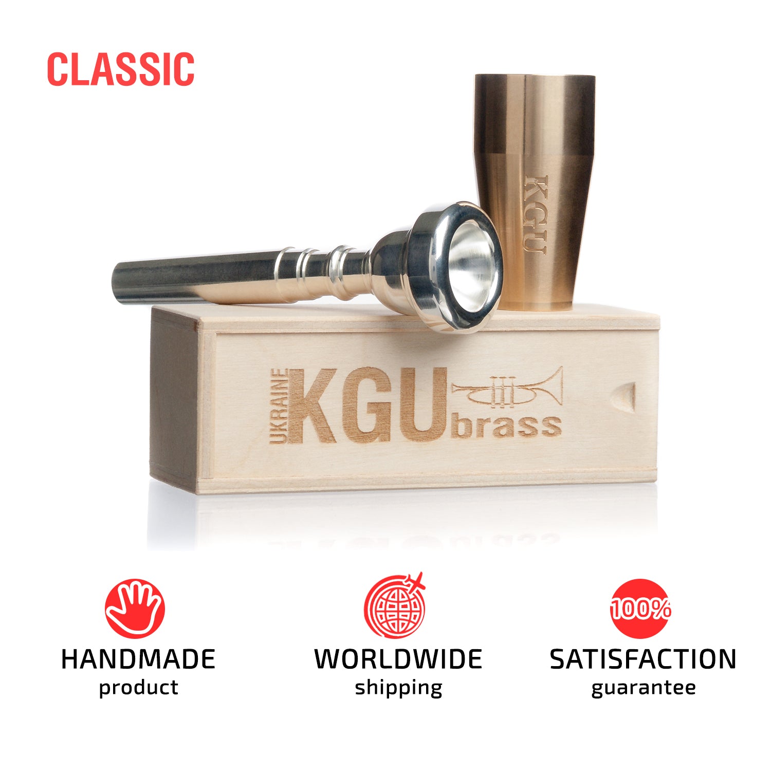 Raw brass finish booster and trumpet mouthpiece on wooden box.