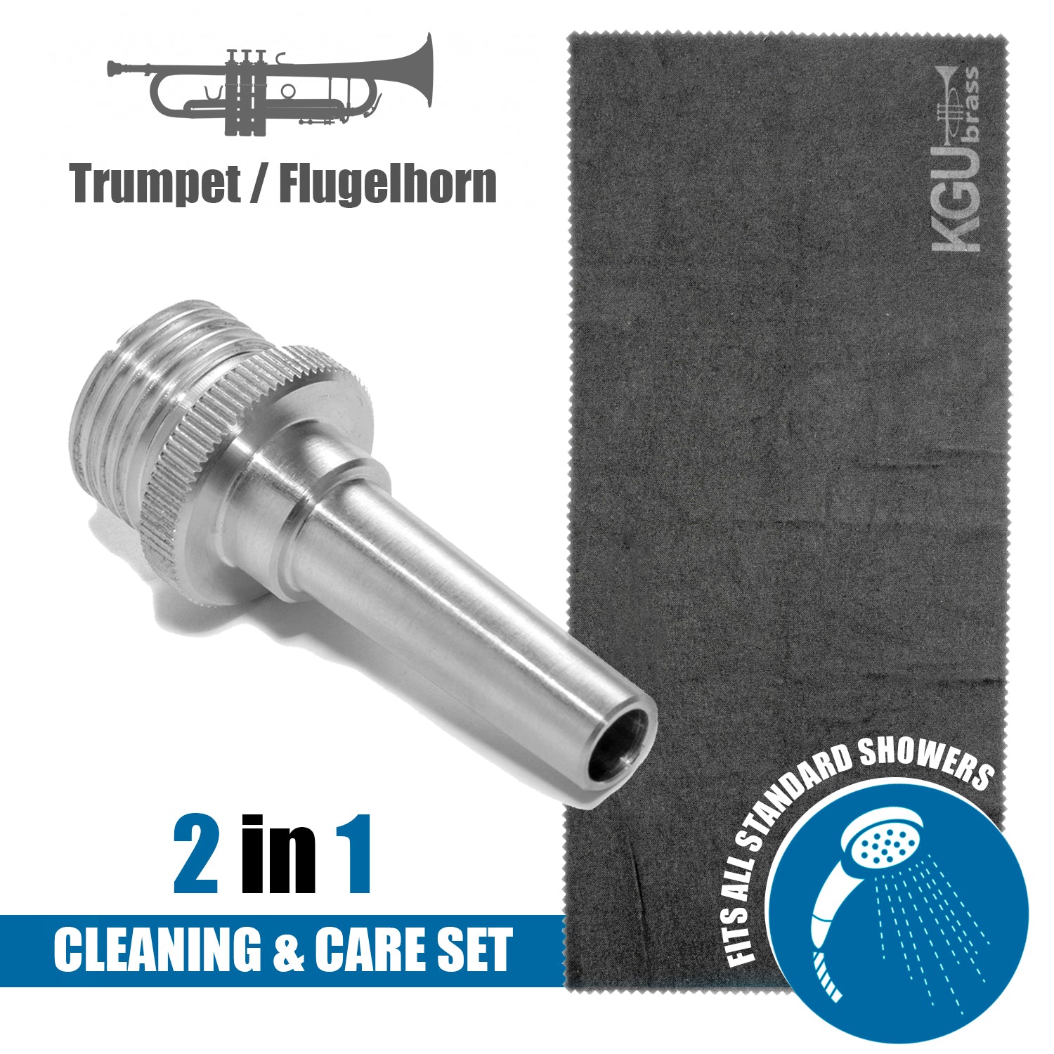 Efficient trumpet cleaning with KGUmusic Aqua Nozzle and care towel.