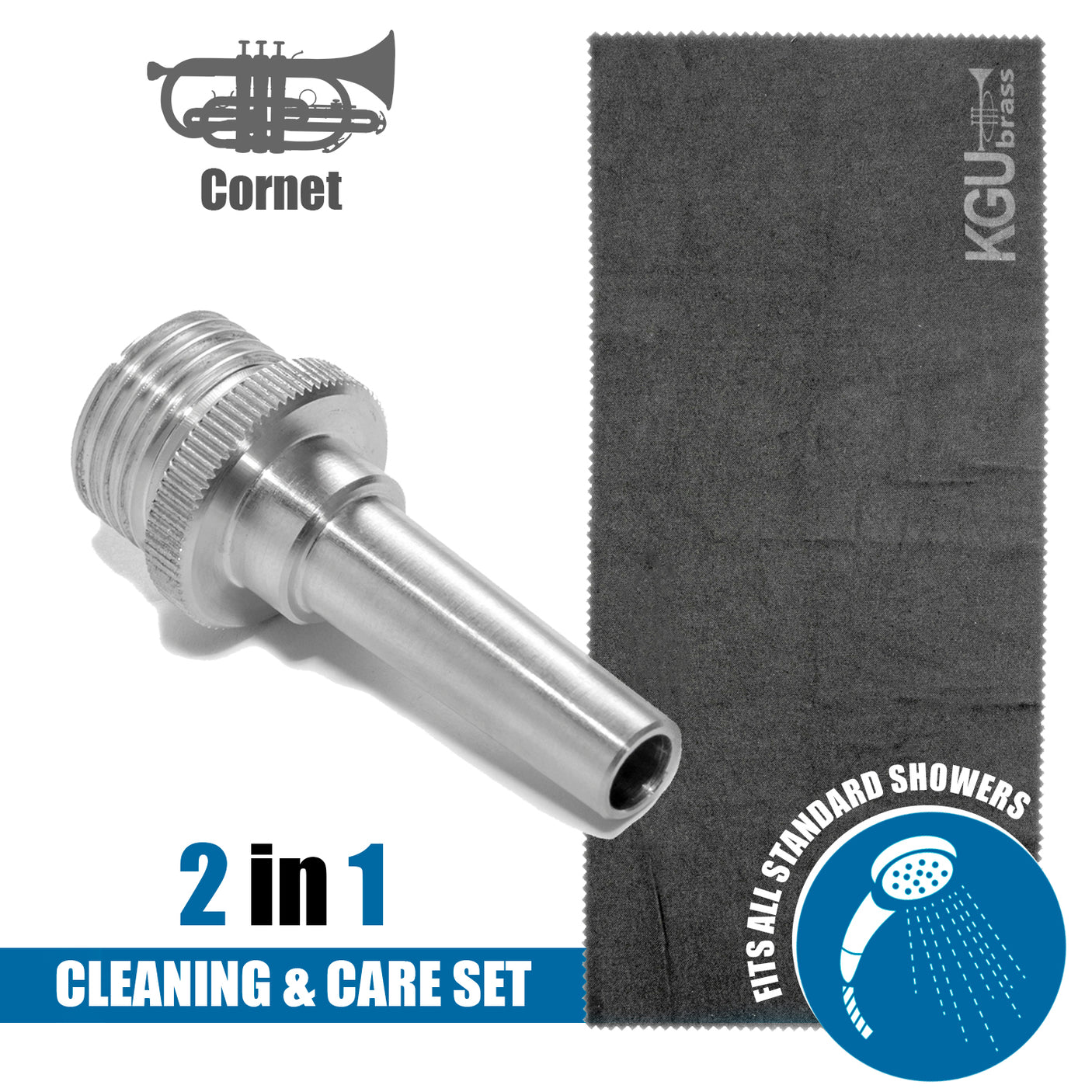 Efficient cornet cleaning with KGUmusic Aqua Nozzle and care towel.