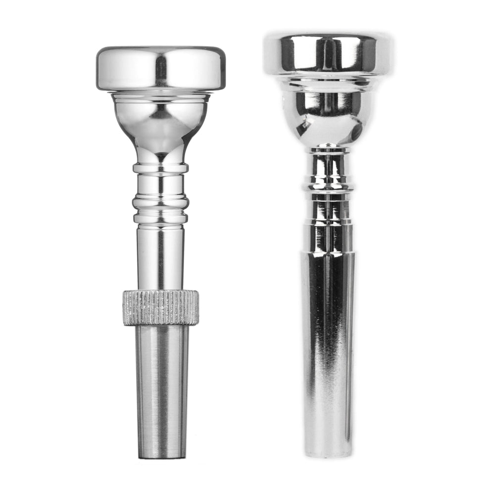 Comparison trumpet mouthpiece and flugelhorn mouthpiece with adapter.