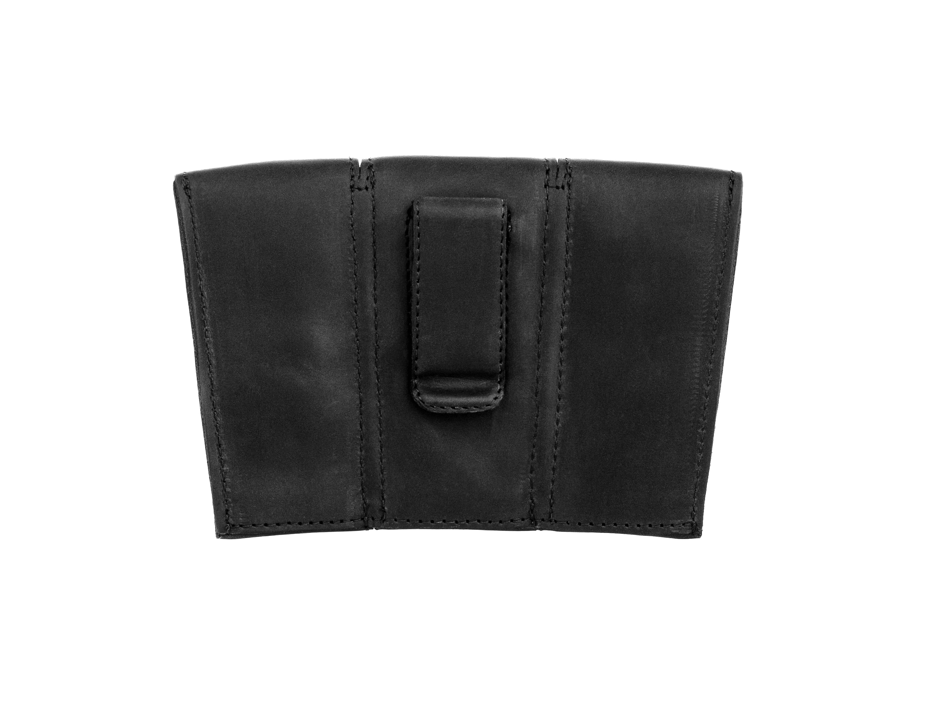 Triple Leather trumpet mouthpiece pouch displayed from back on white.