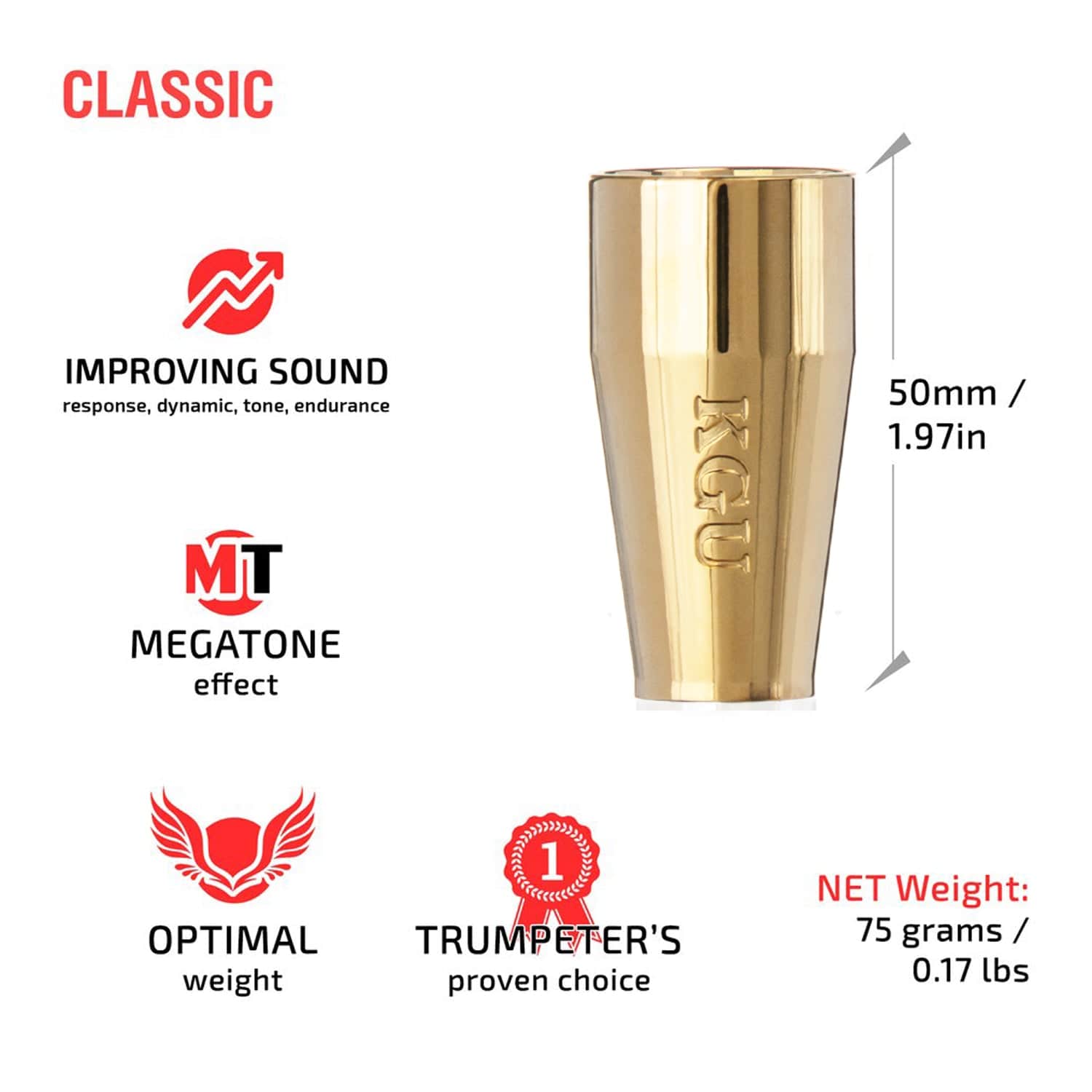 Close-up of 24K gold plated CLASSIC trumpet mouthpiece booster and it's benefits.