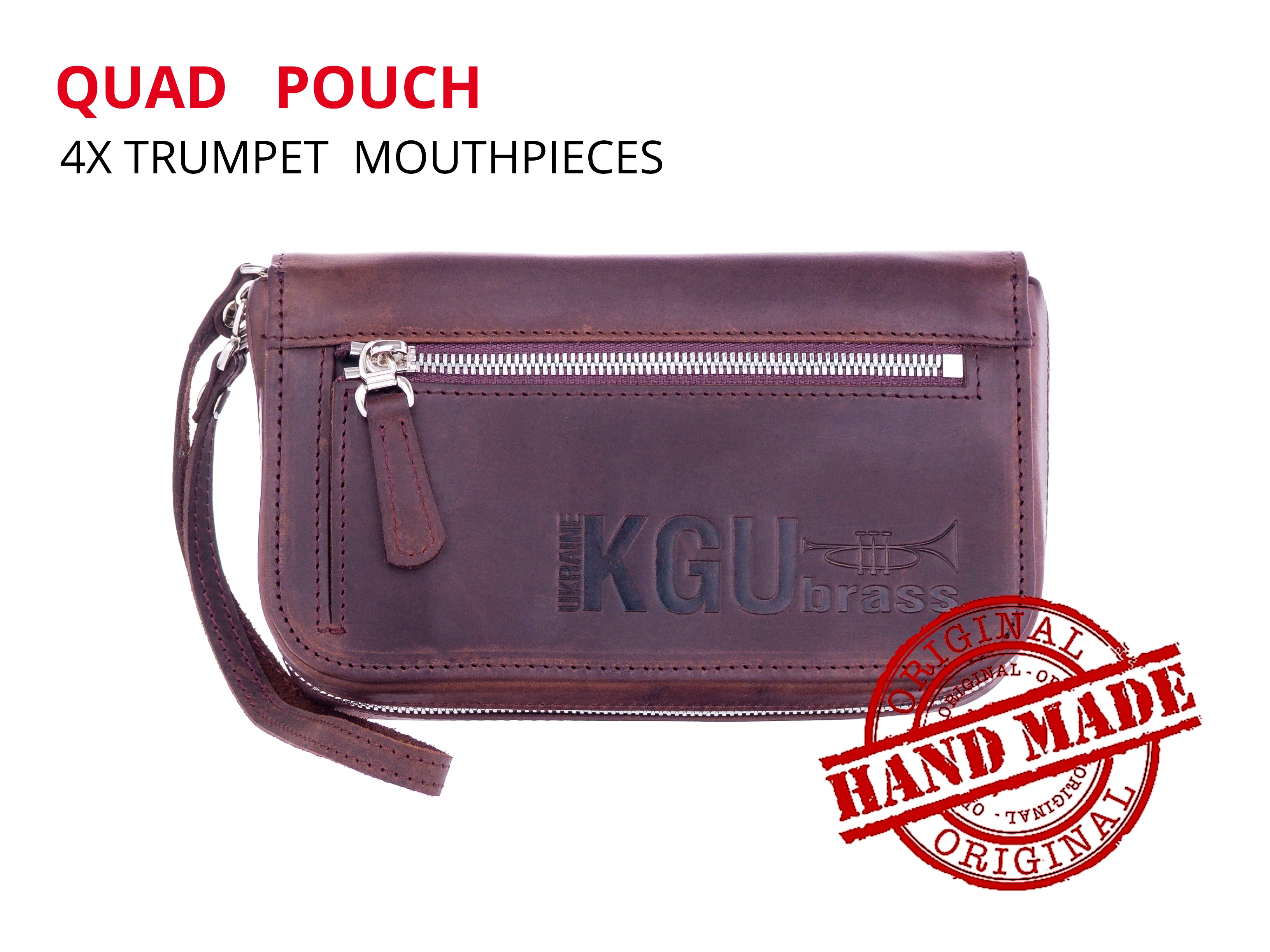 Handmade KGUmusic pouch for trumpet, cornet, or flugelhorn mouthpieces.