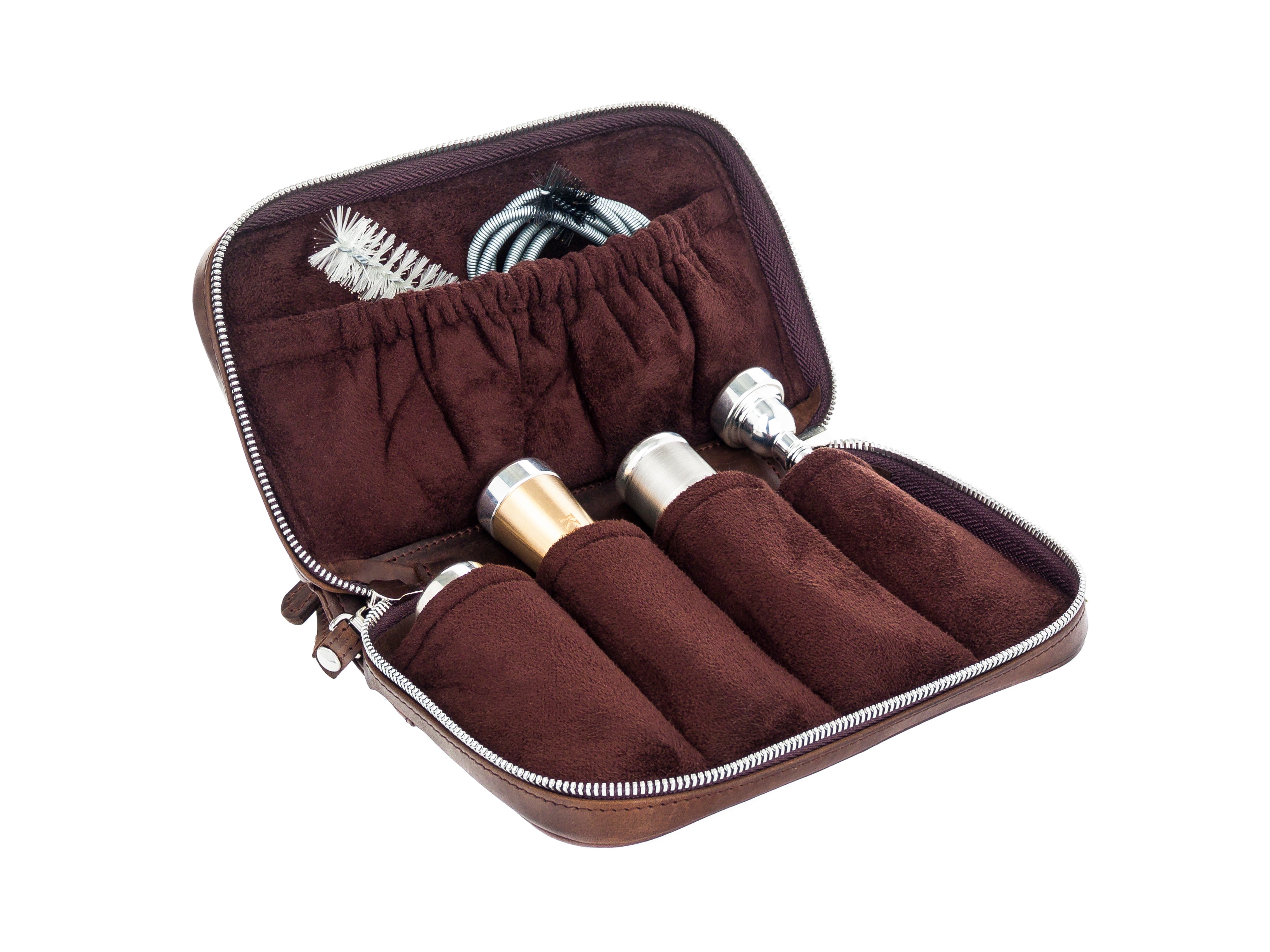 Brown leather pouch for trumpet mouthpieces with soft velvet lining.