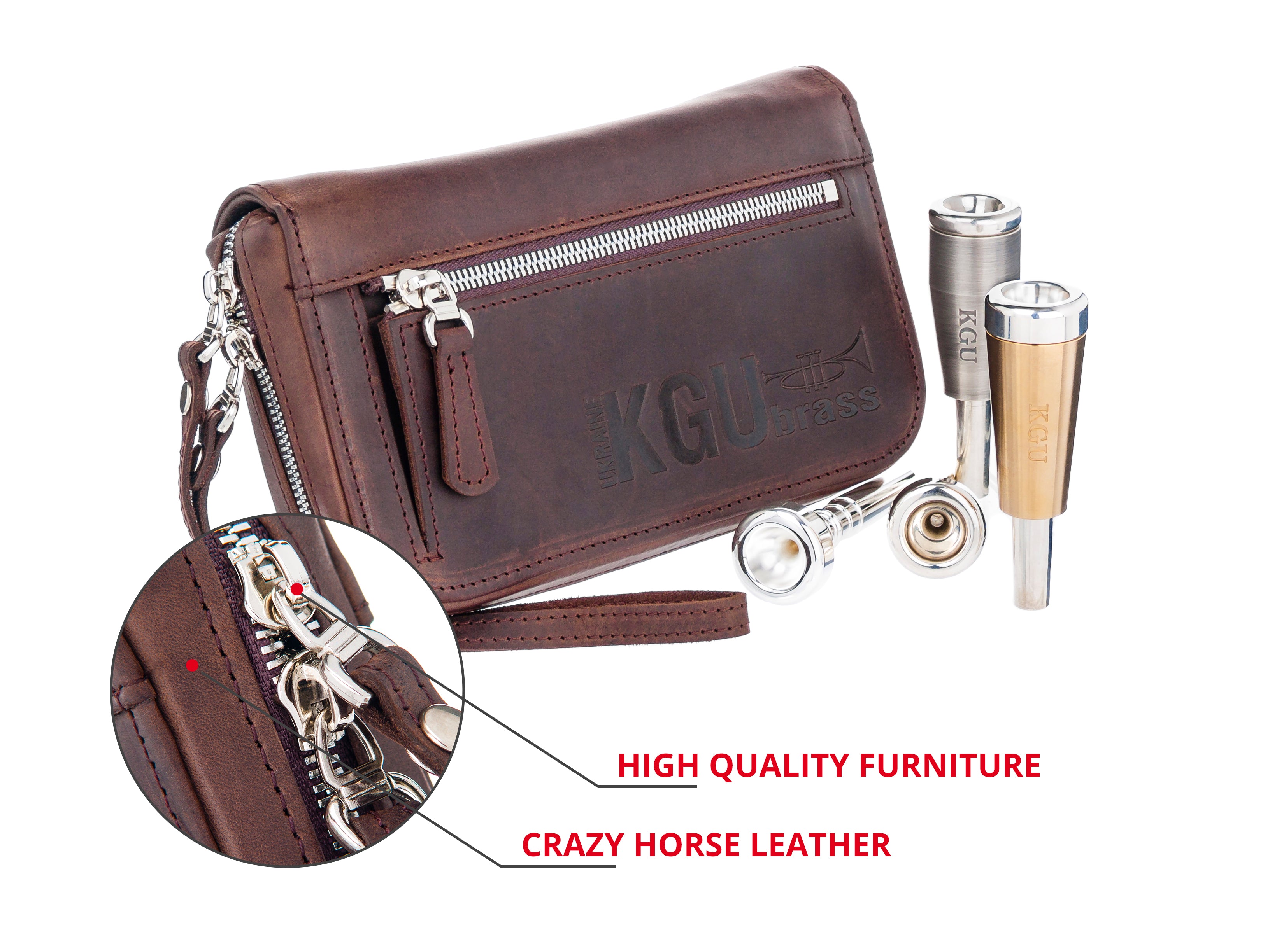 Premium Crazy Horse leather pouch for carrying up to 4 mouthpieces.