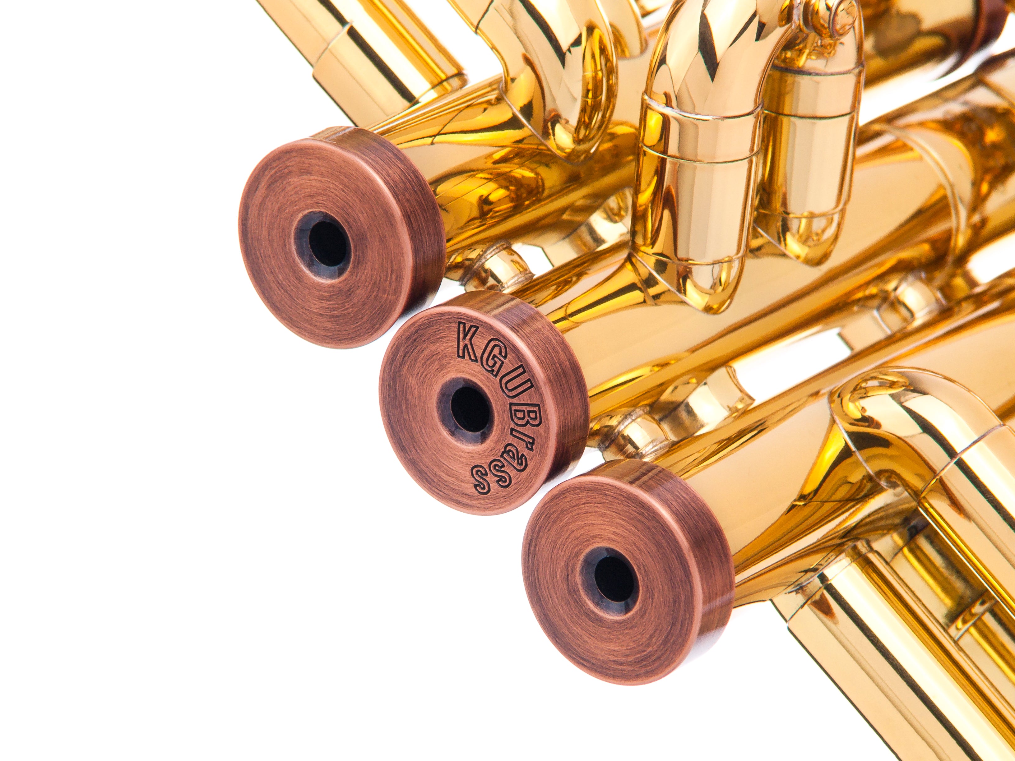 Copper light valve caps on trumpet, adding vibrant sound quality.