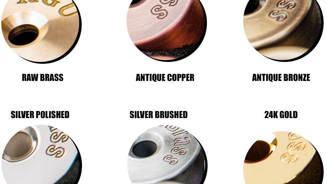 Various finishes of KGUmusic set of 3 solid brass trumpet valve caps.