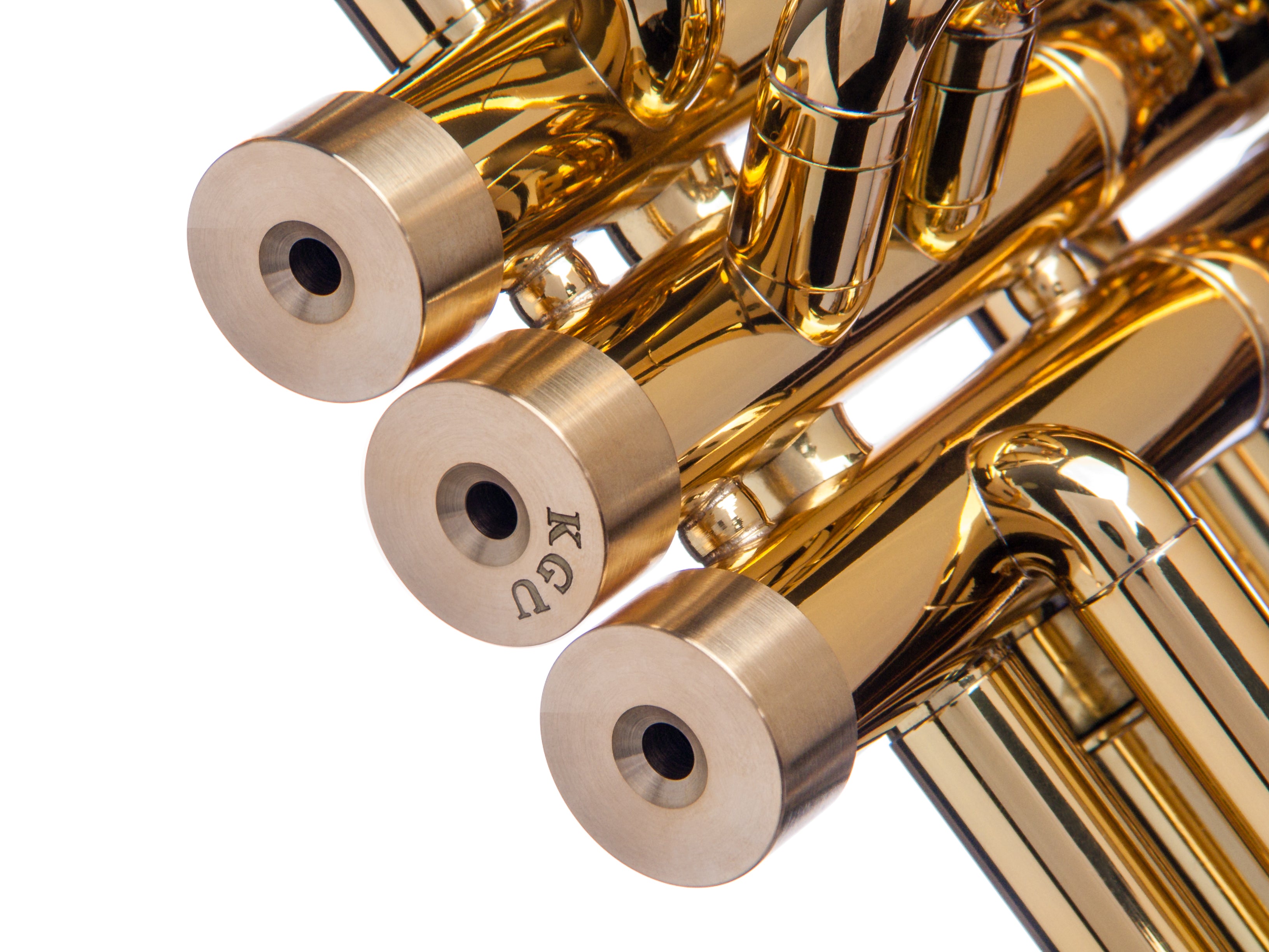 Medium valve caps, 11.5 mm, adding tonal clarity to trumpet. Raw Brass.