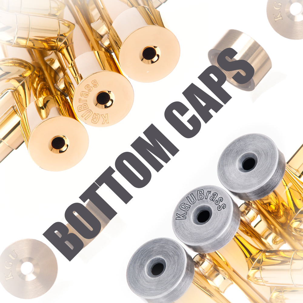 Set of 3 KGUmusic trumpet bottom valve caps in heavy, medium, and light sizes.