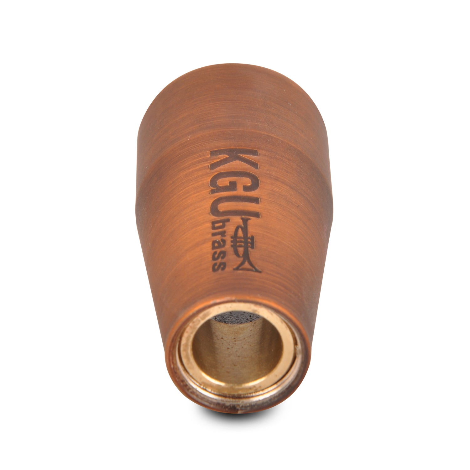 Close-up of matte antique copper lacquer trumpet mouthpiece booster.