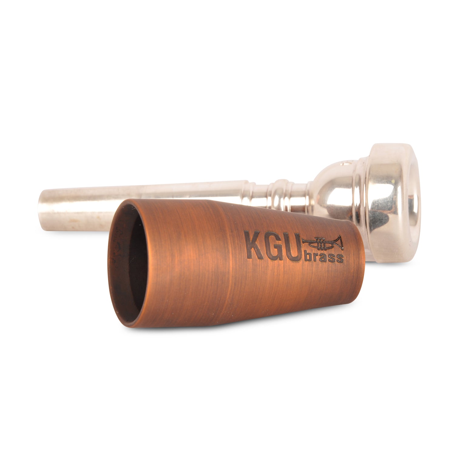 Close-up of matte antique copper lacquer booster with trumpet mouthpiece on the background.