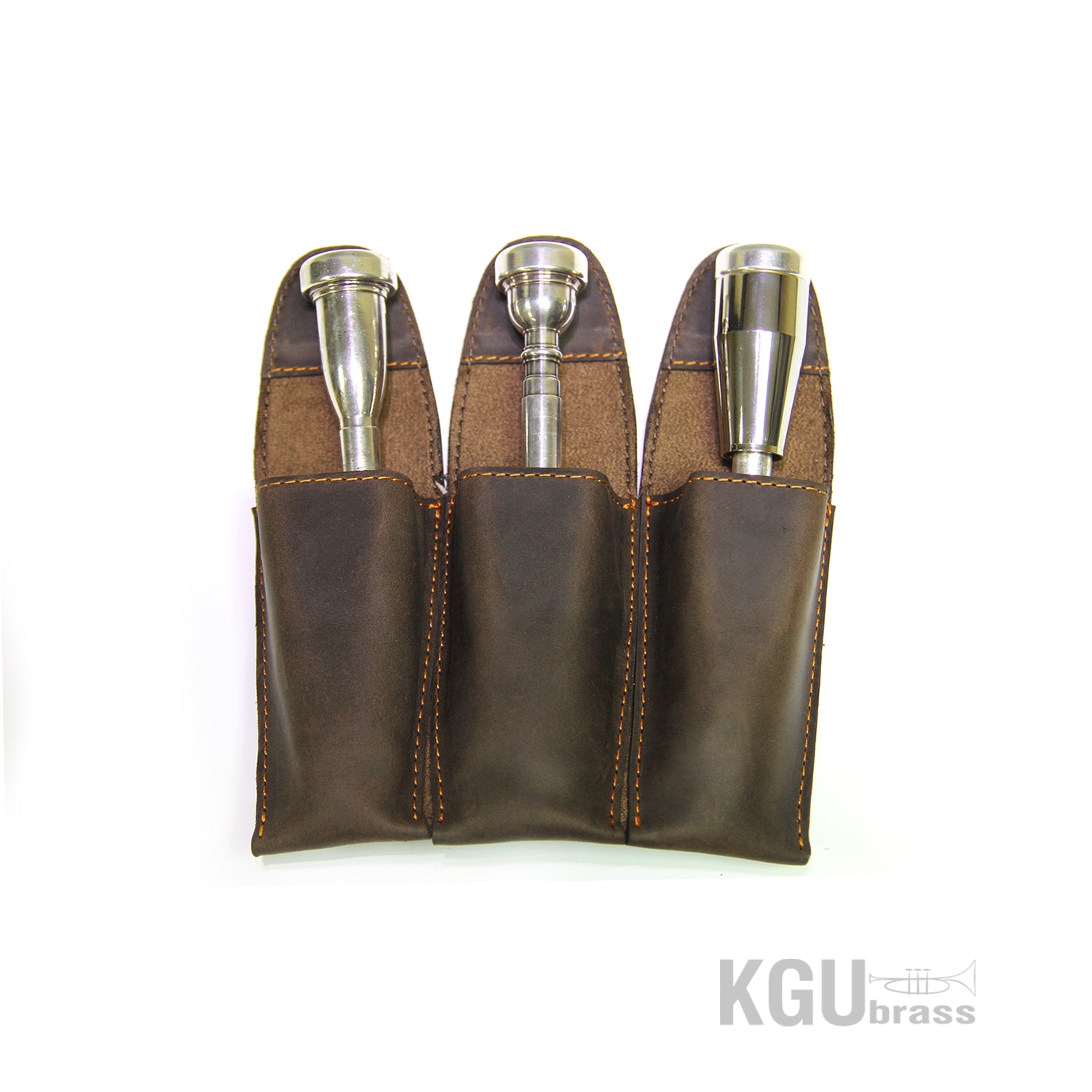 Triple trumpet mouthpieces pouches featuring stylish magnetic closures on white.