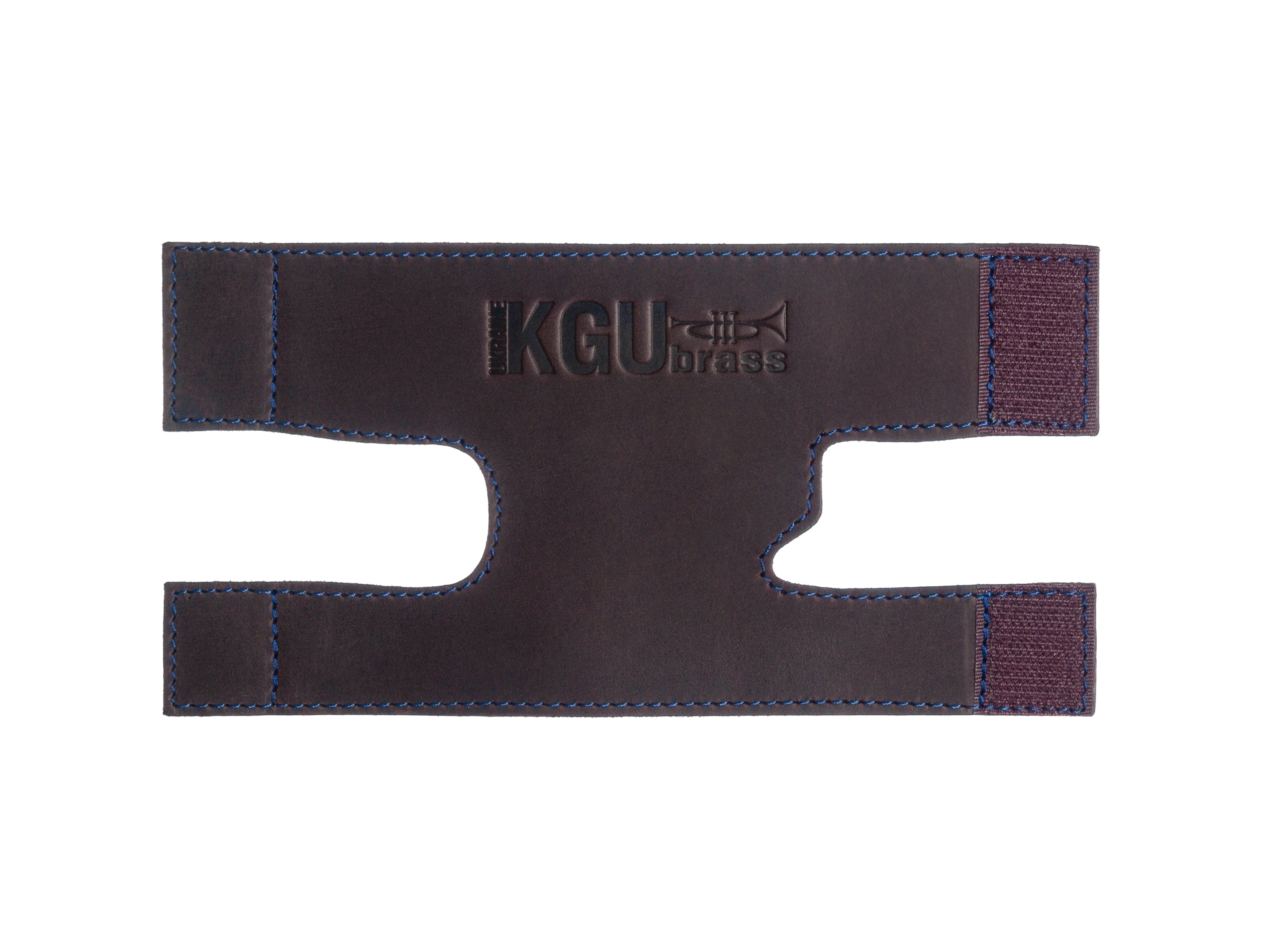 Detail shot of the texture of KGUmusic's brown leather trumpet valve guard with blue threads.