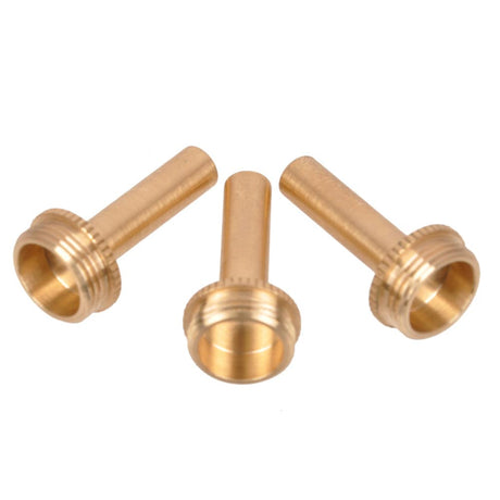 Three KGUmusic brass valve stems for trumpet, displayed from an angled view.