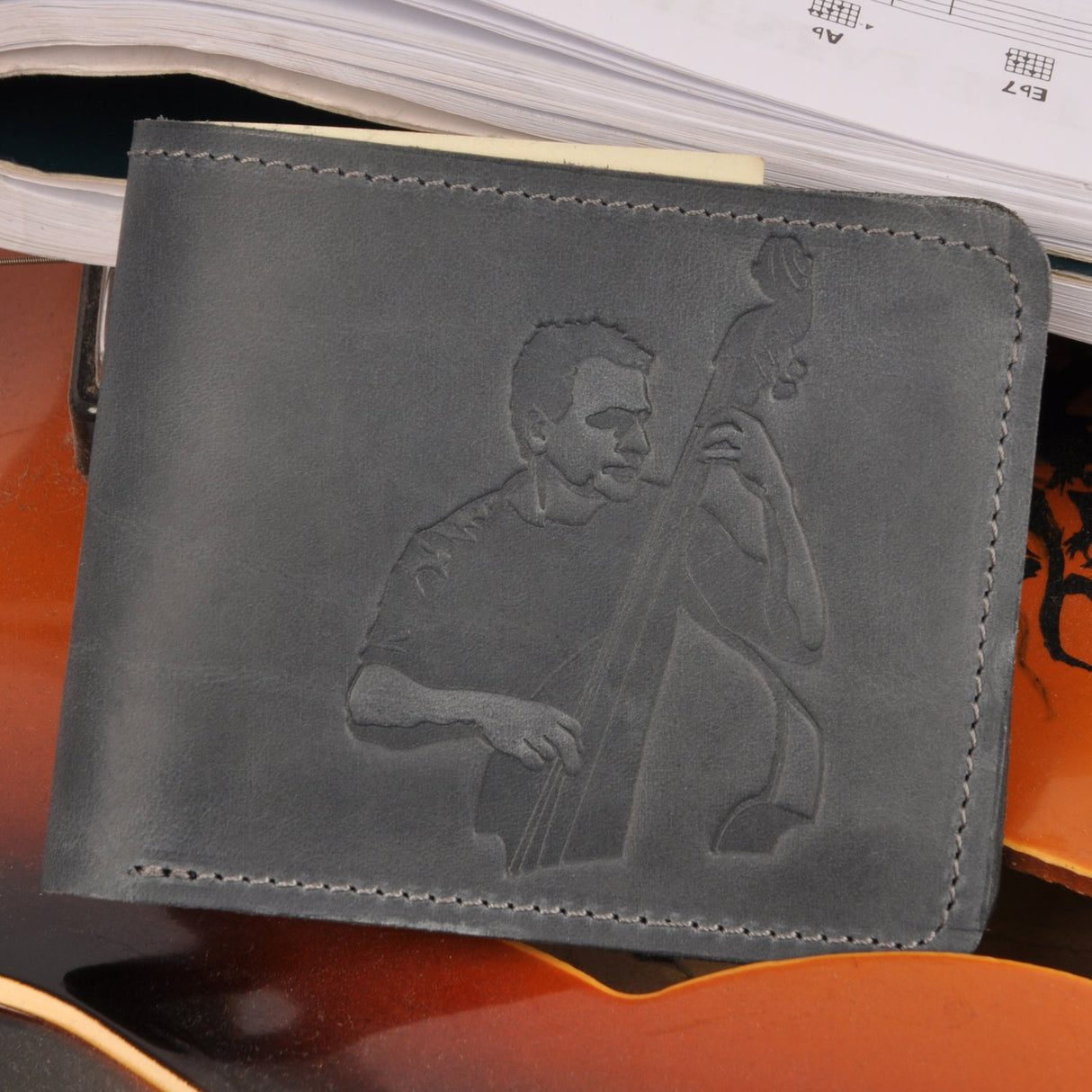 Leather Wallet with a print of a double bass jazz player | Gift for Musicians